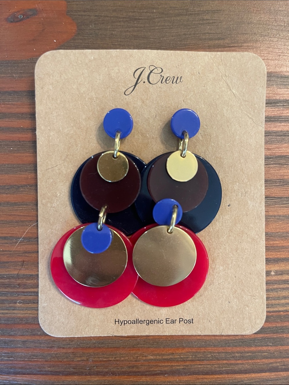 J. Crew Red, Blue & Gold Layered Disc Drop Earrings